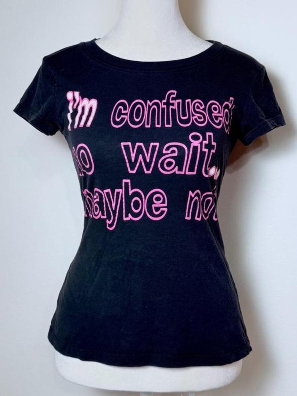 Black Tee with Pink 'Confused' Graphic - Women's Top